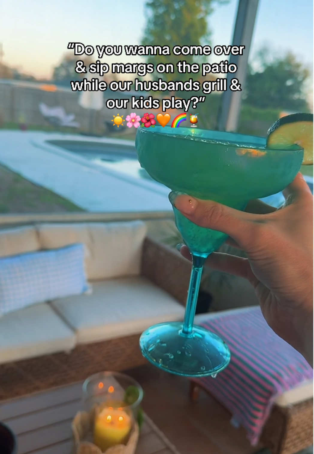 TikTok post by @southernpeachmama for Phi Villa. Caption reads: Almost patio season 🤌🏻🌴🍹💛@PhiVillaUS....