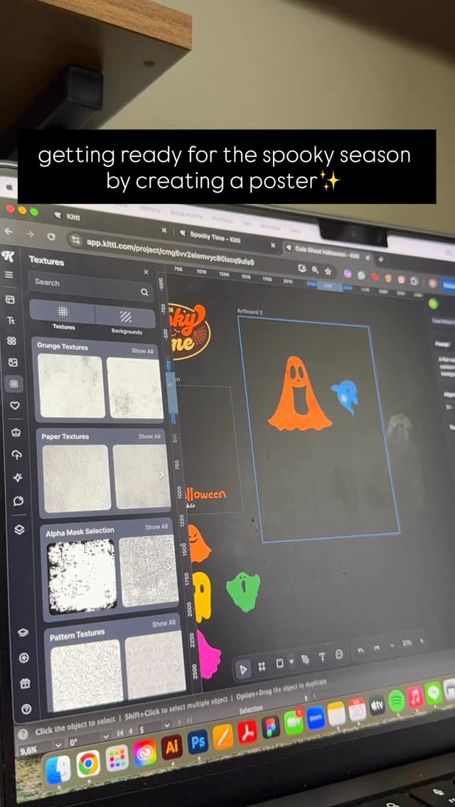 Instagram post by @artsbyemdee for Kittl. Caption reads: spooky season is coming! don't forget to create....