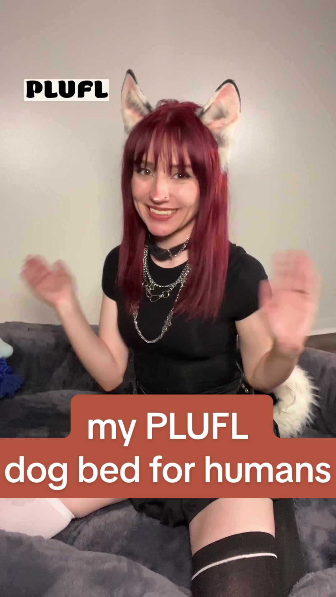 TikTok post by @moronic_mouse for Plufl. Caption reads: @Plufl 🐾♥️ the human dog x dog bed for humans....