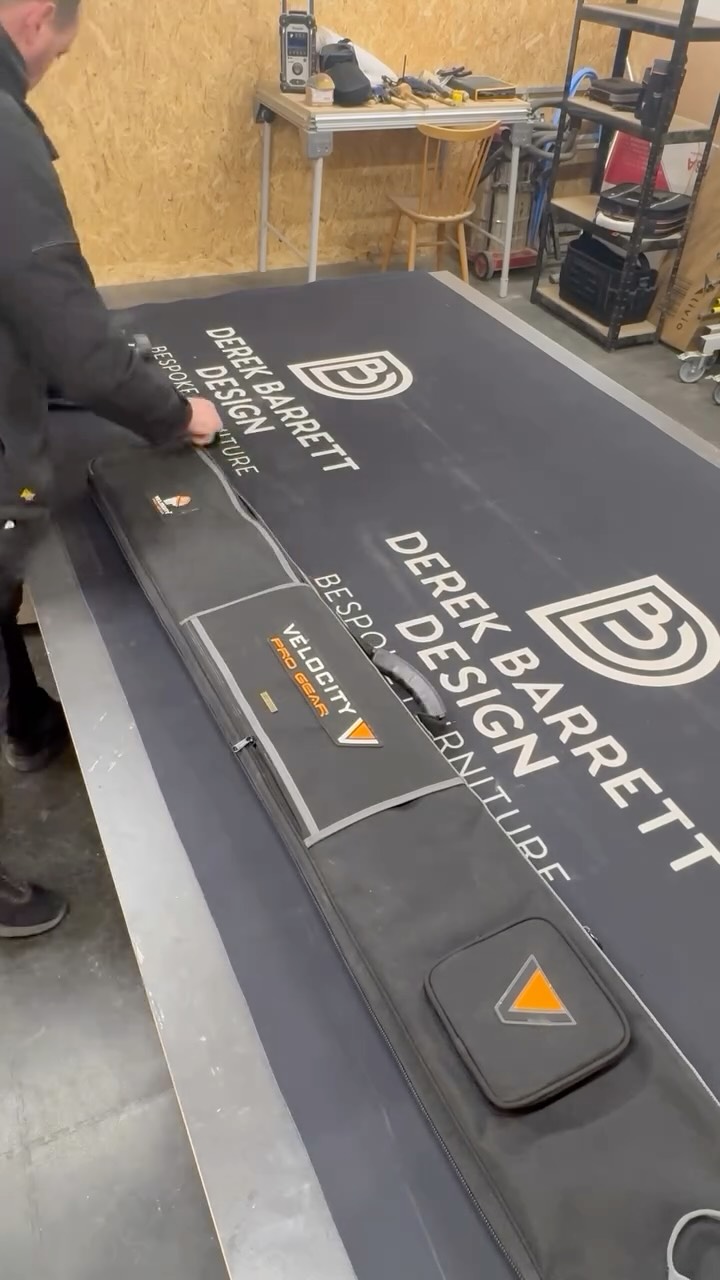 Instagram post by @derekbarrettdesign for Velocity Progear. Caption reads: I have this track bag from @velocityprogear nearly....