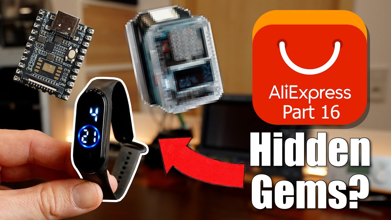 YouTube post by @greatscottlab for JLCPCB. Caption reads: I tried finding Hidden Gems on AliExpress AGAIN!....