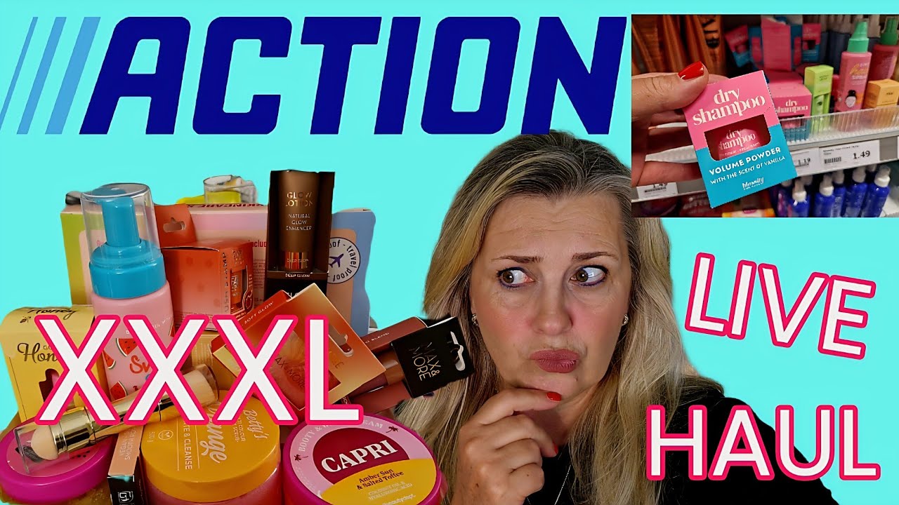 YouTube post by @kanalsharones.779 for Mainpunkt. Caption reads: LIVE XXXL ACTION HAUL | Make-up | Skincare |....