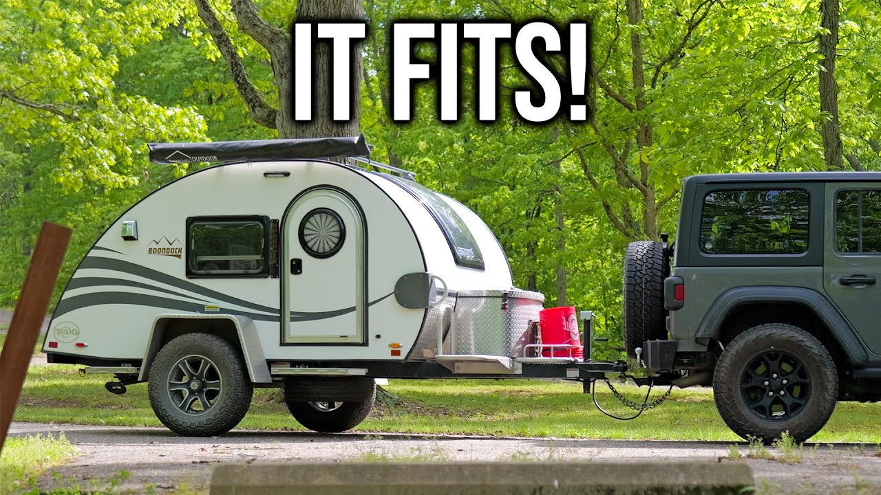 YouTube post by @NowhereBoundAdventures for BougeRV. Caption reads: Teardrop Camper at a Tent-Only Site.