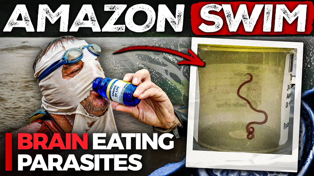 YouTube post by @adventuresgonewrong for BetterHelp. Caption reads: He Swam the ENTIRE Amazon on Bratwurst, Wine and a....