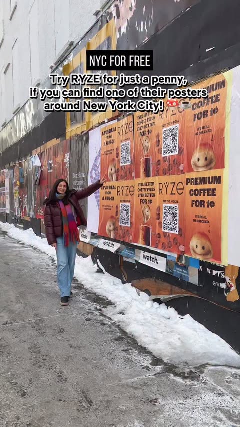Instagram post by @nyc_forfree for RYZE SUPERFOODS. Caption reads: [...] York City! 🍄 ☕ #ryzepartner #ad....