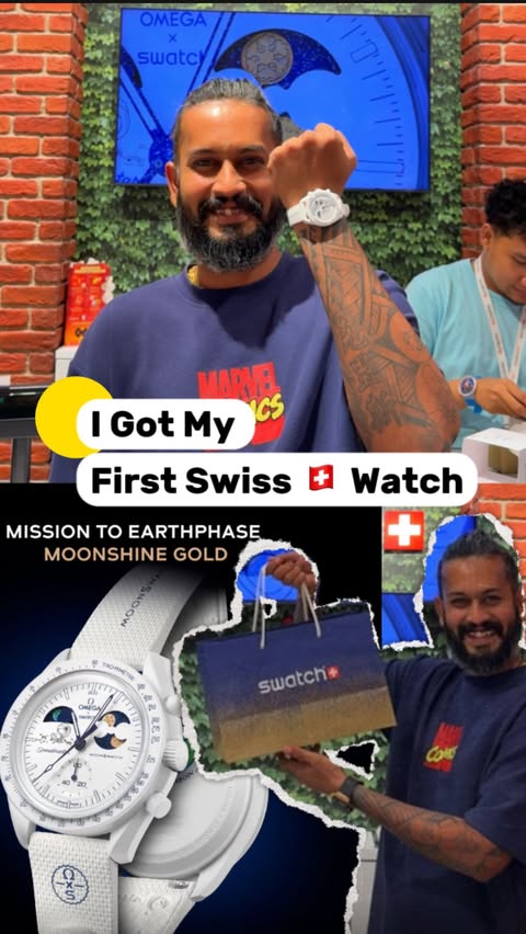 Instagram post by @kicha_krishna_ for Swatch. Caption reads: [...] first Swiss watch! 🌍🌙 Official Omega ×....
