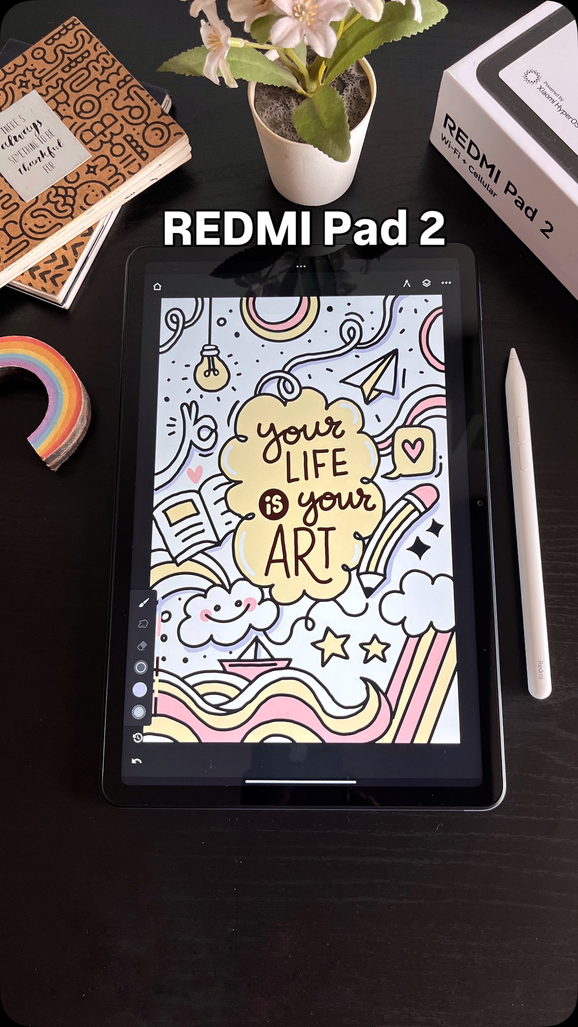 Instagram post by @kadmaddesigns for Xiaomi India. Caption reads: Redmi Pad 2 
Big on fun. Pro on getting things....