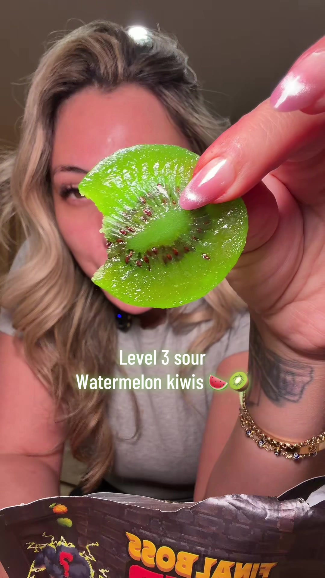 TikTok post by @lacoronel90 for Final Boss Sour. Caption reads: Level 3 WATERMELON 🍉 KIWI 🥝 @finalbosssour....