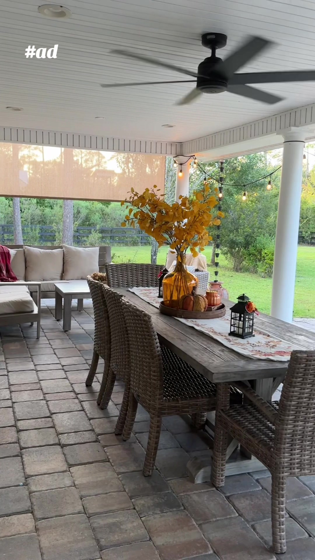 TikTok post by @jettsetfarmhouse for MagicLinks. Caption reads: #ad Back porch fall refresh 🍁 New fans, a new....