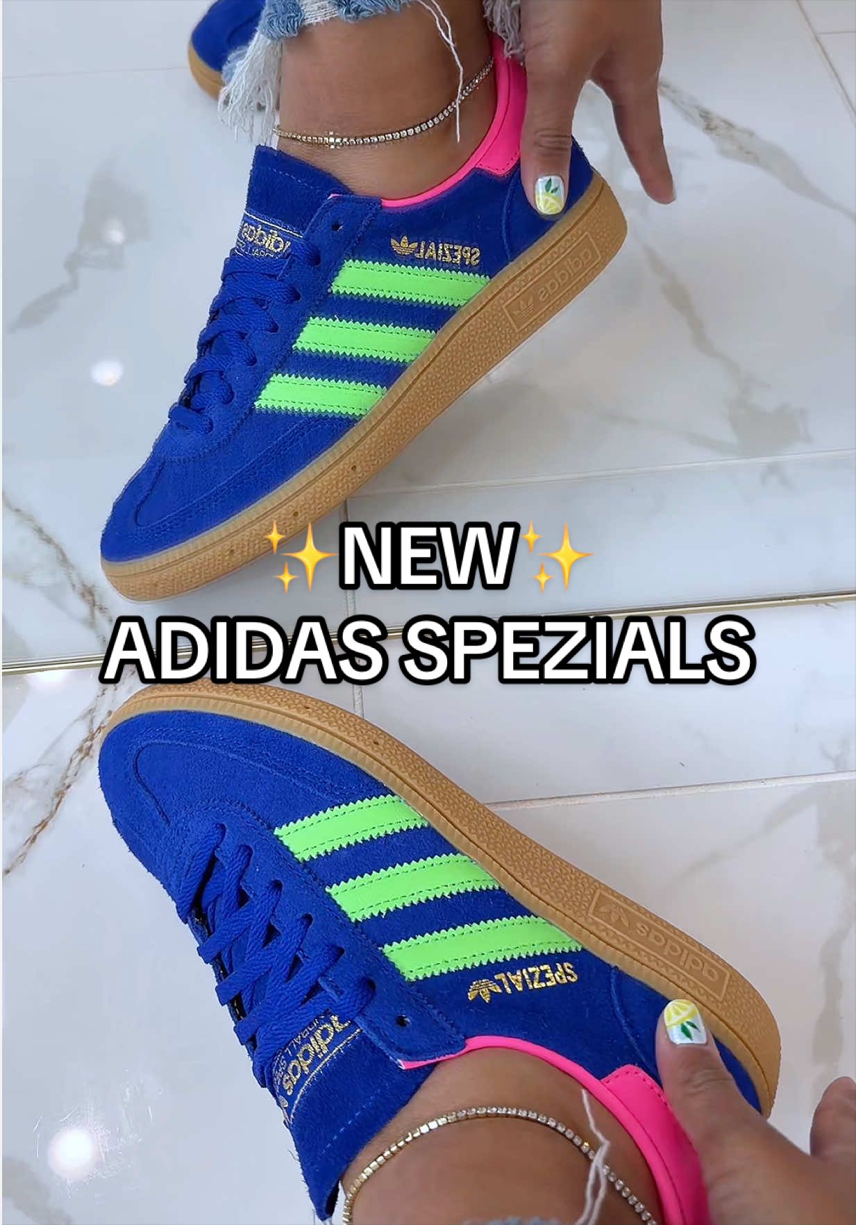 TikTok post by @my.southern.style for SHOEBACCA.COM. Caption reads: These bright + bold Adidas Spezials are....
