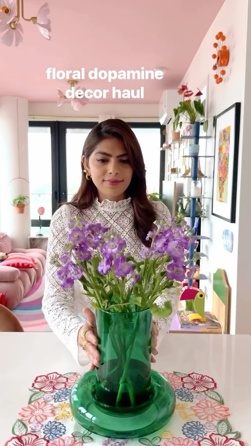 Instagram post by @honeyidressedthepug for Q Mixers. Caption reads: A floral dopamine decor haul inspired by my fav Q....