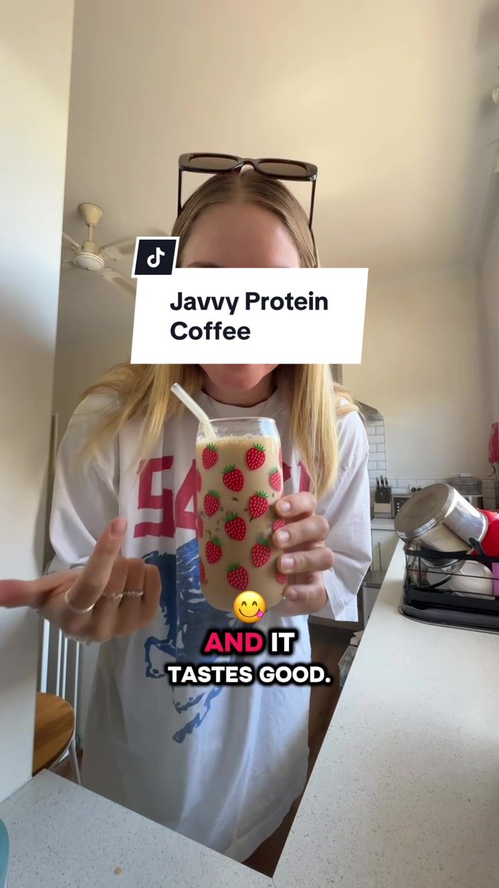 TikTok post by @megs_ugc_ for Javy Coffee. Caption reads: Thanks to @Javvy Coffee hitting my protein goals....