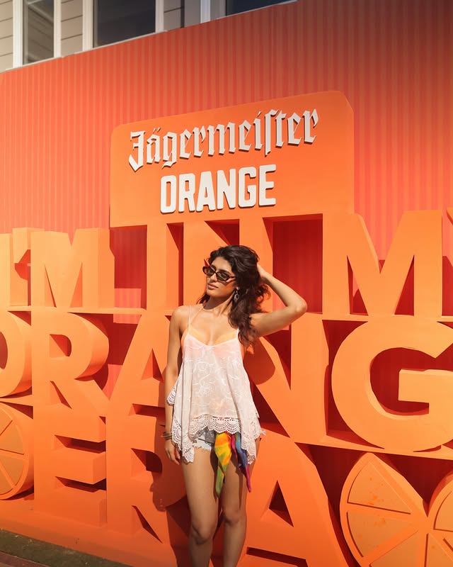 Instagram post by @trisha___shetty for Jägermeister. Caption reads: first Holi in Dilli, came out looking like an 🍊....