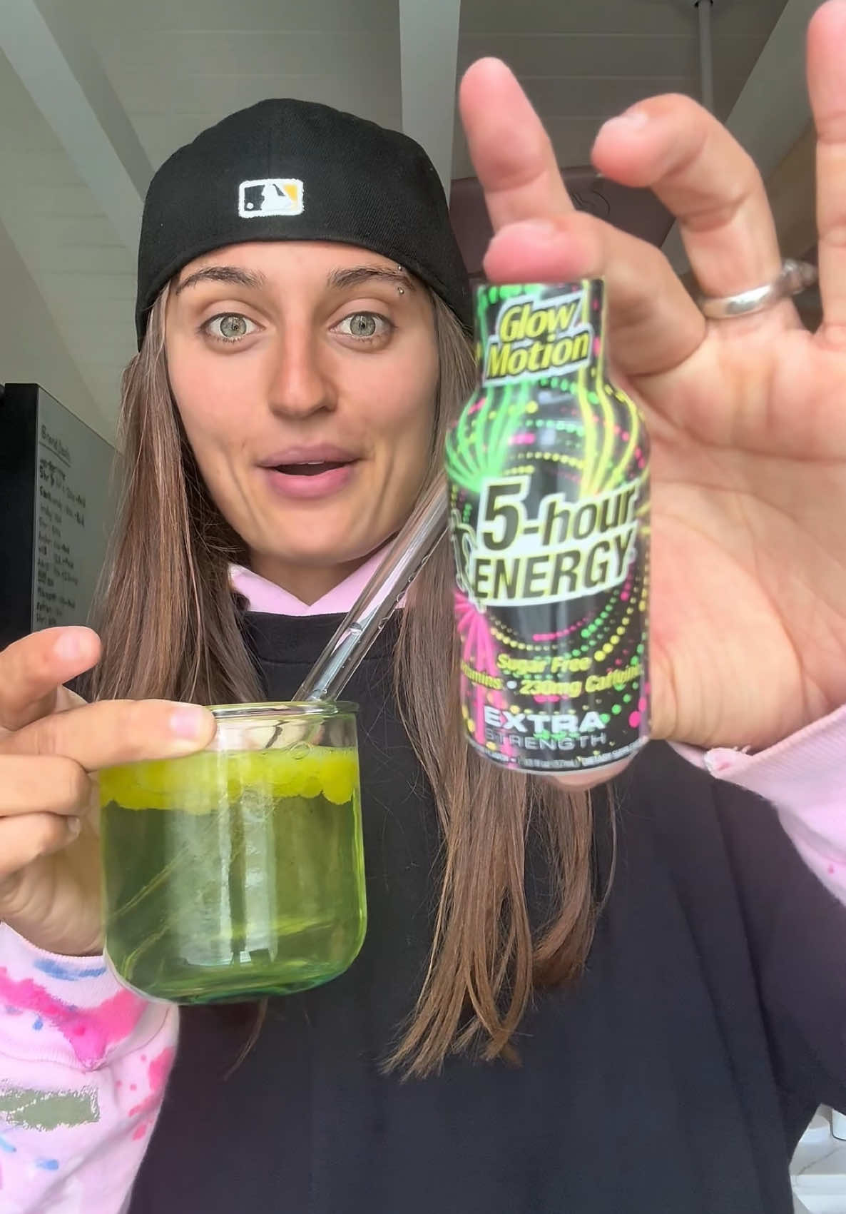 TikTok post by @averycyrus for 5-hour ENERGY. Caption reads: this boba has me glowing inside and out🧋✨ with....
