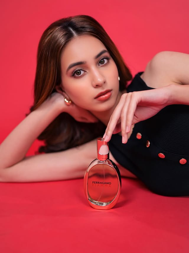 Instagram post by @allabout_eshaa for FERRAGAMO. Caption reads: The new @ferragamo Fiamma fragrance is like a....