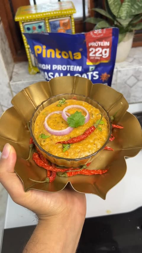 Instagram post by @kartikkwadhwa for Pintola. Caption reads: [...] [ Masala Oats , Protien , recipies , Pintola....