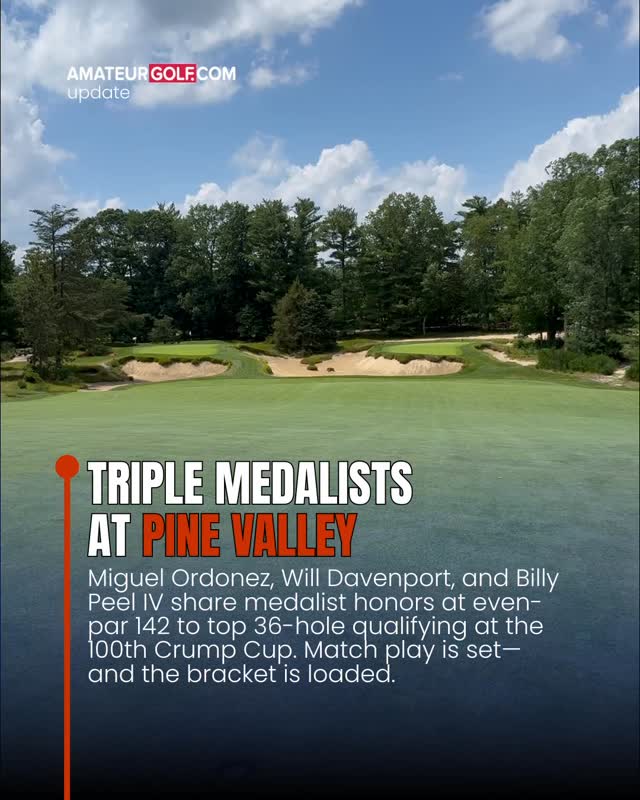 Instagram post by @amateurgolf for COBRA Golf. Caption reads: Day 2 at Pine Valley delivered: three co-medalists....