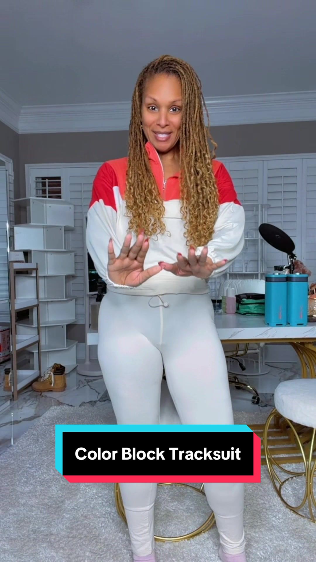 TikTok post by an influencer for USBoutique Chic. Caption reads: Affordable lil tracksuit🥰 @USBoutique Chic....