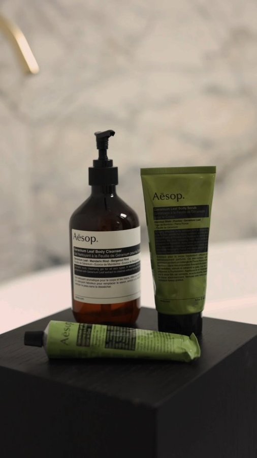 Instagram post by @marikokuo for Aesop. Caption reads: Simply the best bath routine @aesop #GeraniumLeaf....
