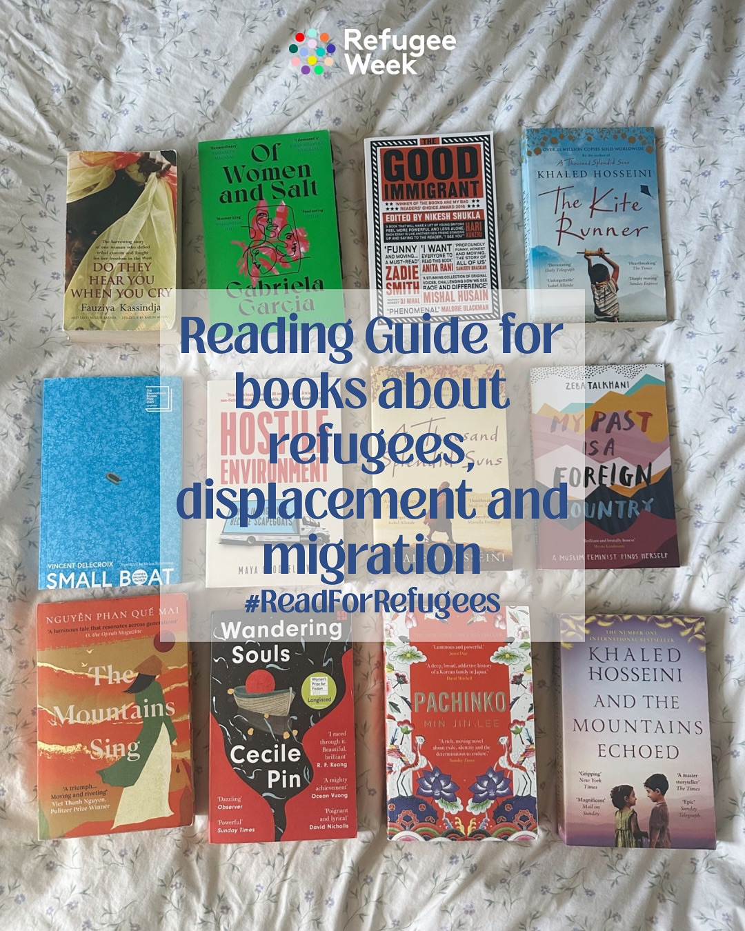 Instagram post by @louus_library for Harpercollinsuk. Caption reads: Reading Guide for the #ReadForRefugees Reading....