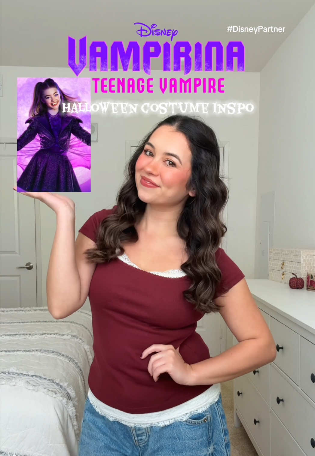 TikTok post by @emilynels8 for Disney Channel. Caption reads: [...] 💜🦇⭐️ #DisneyPartner  @Disney Jr. @Disney....