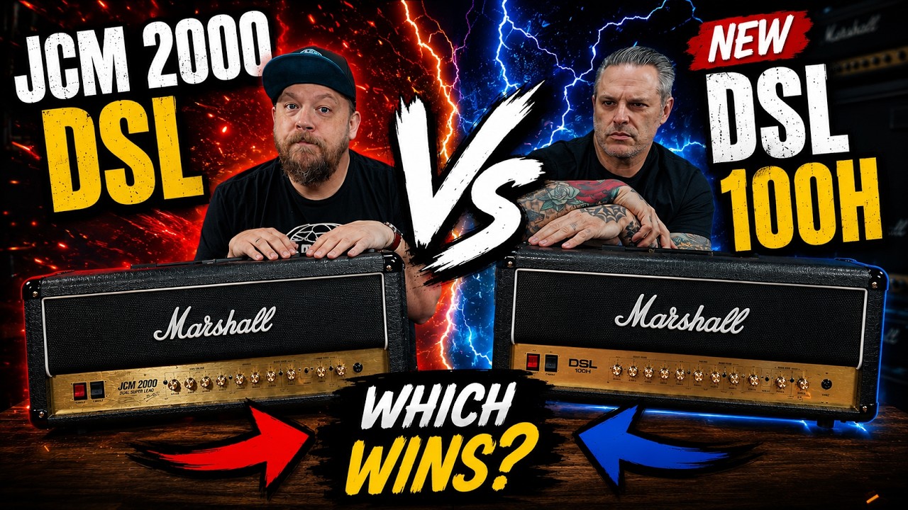 YouTube post by @RiffsAndBeards2 for Sweetwater Integration. Caption reads: 20 Years Later… Which Marshall DSL Wins?.