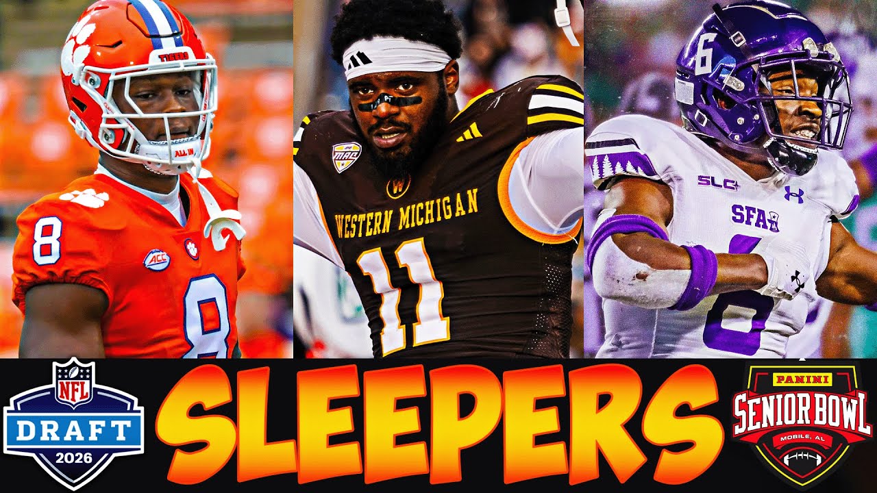 YouTube post by @Broshmo for Underdog Fantasy. Caption reads: 2026 NFL Draft Sleepers Going To The Senior Bowl |....