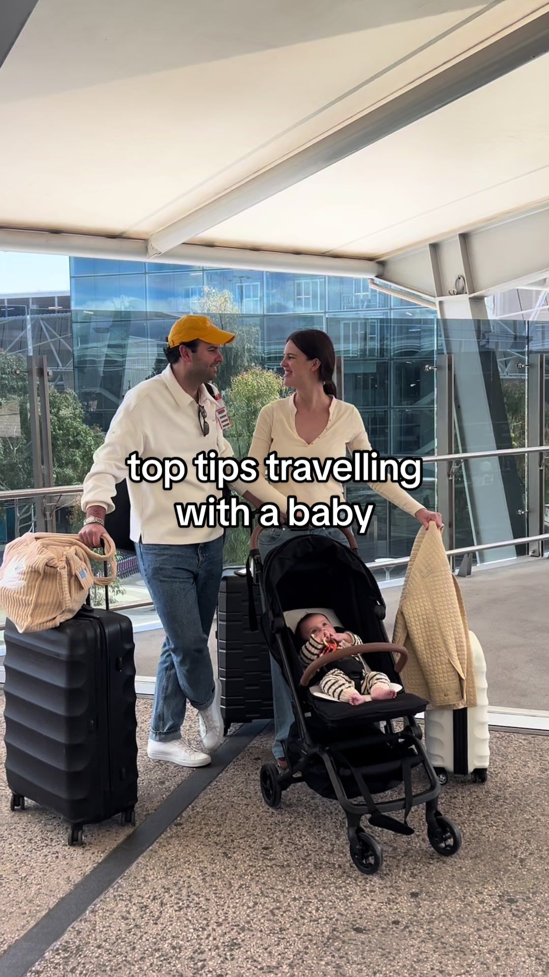 TikTok post by @tarrah_jordan for QV Skincare. Caption reads: Our first trip as a family of three ✈️ and....