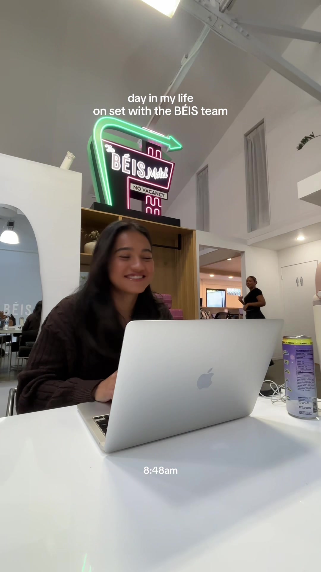 TikTok post by @ayeitsanju for BÉIS Travel. Caption reads: day in my life with the @BÉIS team at the office....