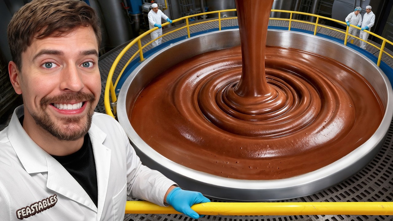 YouTube post by @MrBeast2 for Feastables. Caption reads: How Feastables Chocolate is Made.