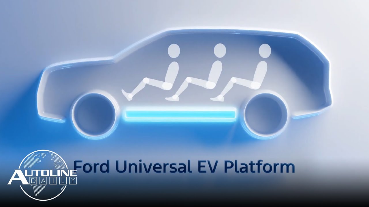 YouTube post by @AutolineDetroit for Bloomberg. Caption reads: Farley Talks Updates on Ford's UEV; Canada Plays....