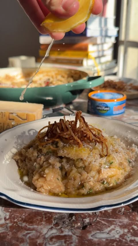 Instagram post by @saturdaytable for Wild Planet Foods. Caption reads: Creamy lemon-herb risotto with @wildplanetfoods....