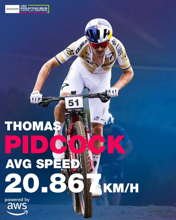 Instagram post by @uci_mtbworldseries for Amazon Web Services. Caption reads: Speed, meet stamina. ⚡️💨

Thomas Pidcock averaged....