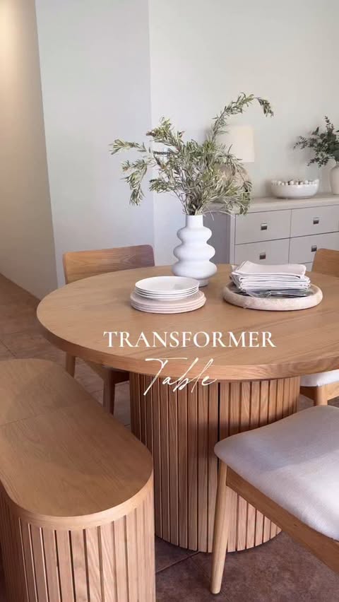 Instagram post by @shutters_and_stone for Transformer Table. Caption reads: [...] elegant oak dining table from....