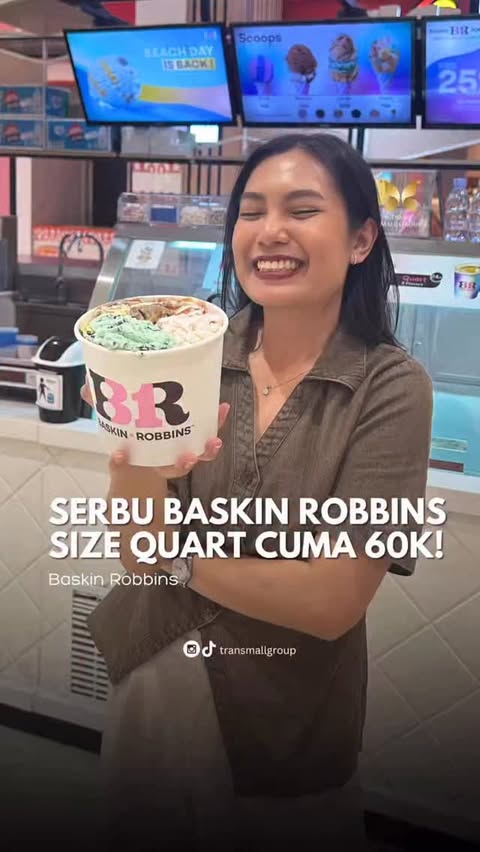 Instagram post by @transstudiomallbali for Baskin-Robbins. Caption reads: SEGEDE INI CUMA 60K! 🍨🤯

Baskin Robbins size....