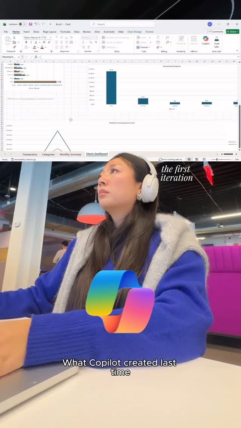 Instagram post by @angies_listt for Microsoft 365. Caption reads: [...] a finance tracker in 5 minutes with....