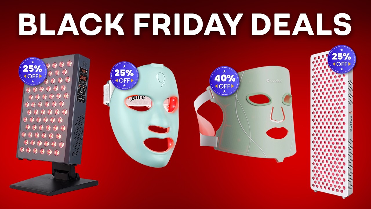 YouTube post by @LightTherapyInsiders for Qure Skincare. Caption reads: More Red Light Therapy Black Friday Deals Just....