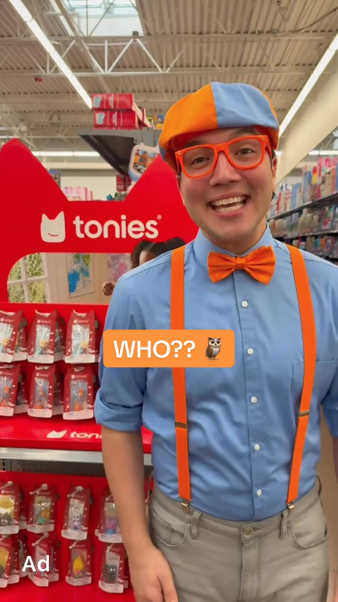 TikTok post by @blippi for tonies. Caption reads: [...] Find the Blippi Tonie at @Walmart. @tonies....