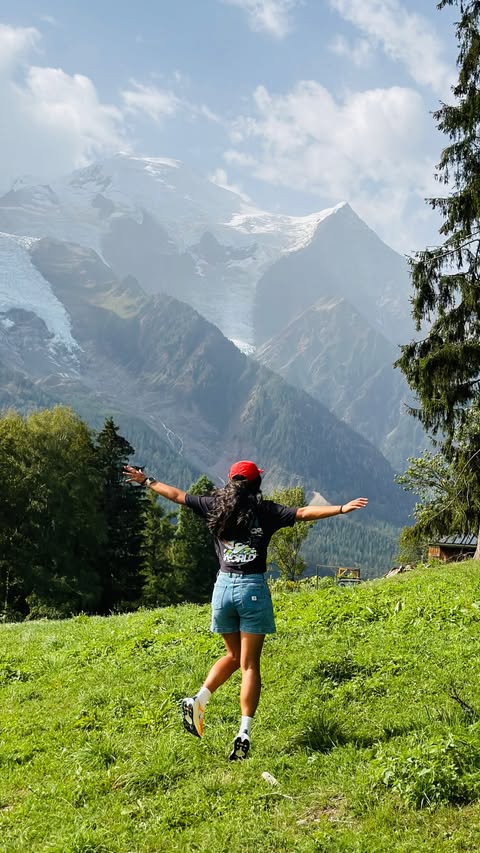Instagram post by @rachelpuu for HOKA. Caption reads: in 📍Chamonix with @hoka ❤️‍🔥 having the absolute....