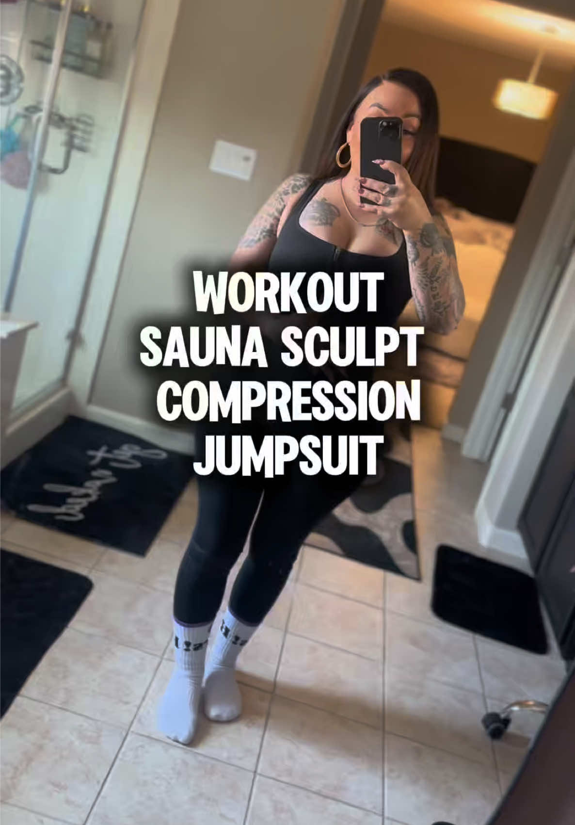 TikTok post by @queenc_707 for She’s Waisted. Caption reads: Sauna Sculpt compression jumpsuit by @She’s....