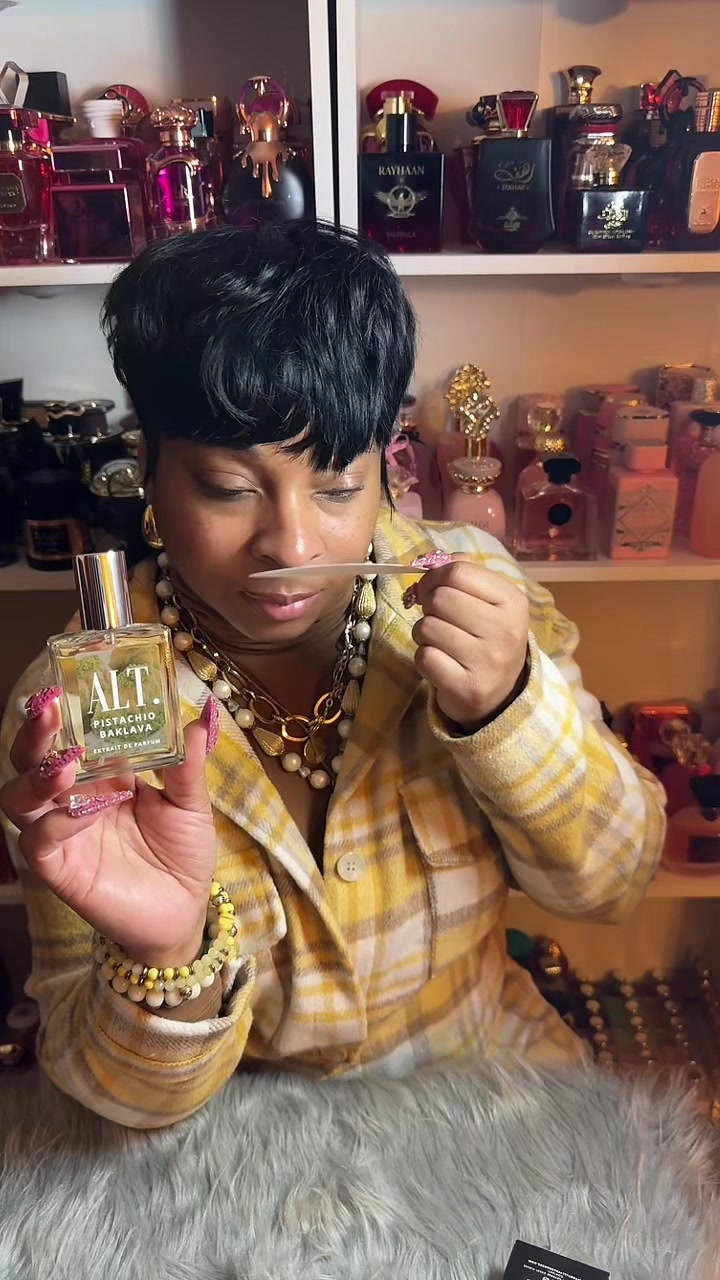 TikTok post by @_prettiigurltay for ALT. Fragrances. Caption reads: @ALT. Fragrances  Pistachio Baklava  Take a bite....