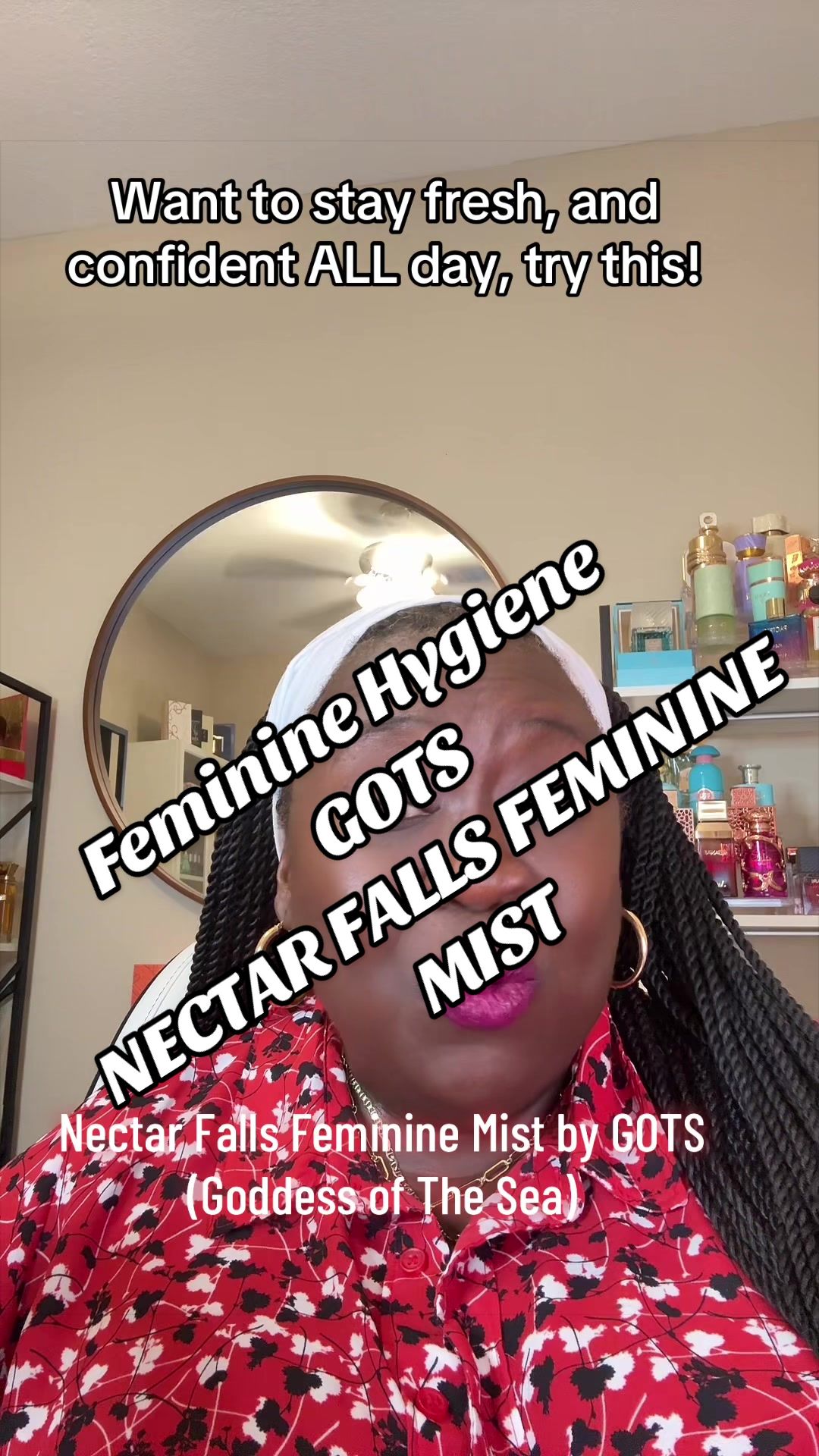 TikTok post by @missdee68 for Goddess of the Sea Beauty Bar. Caption reads: Nectar Falls Feminine Mist will keep you fresh ALL....