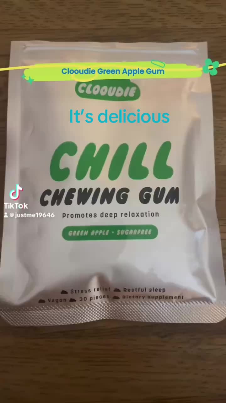TikTok post by @justme19646 for Clooudie. Caption reads: @Clooudie Gum #delicious #gum#chewinggum #calming....
