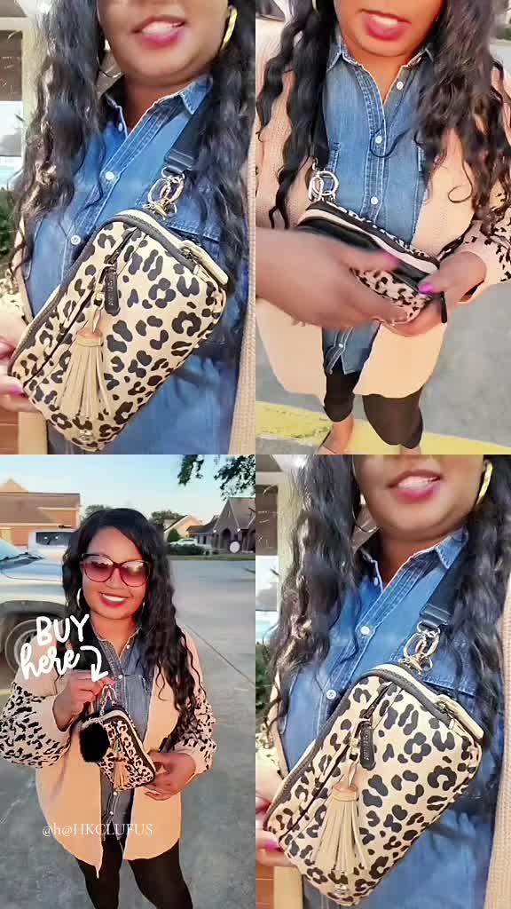 TikTok post by @weluvkendra for HKCLUF US. Caption reads: Leopard Trio Crossbody Wallet RFID protected....