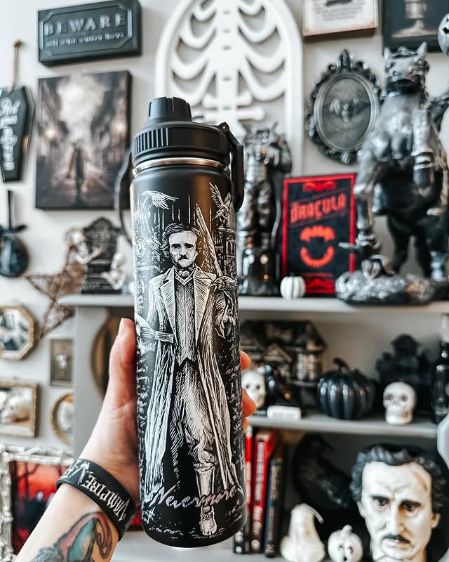 Instagram post by @witchywoman.11 for VampireFreaks. Caption reads: [...] Edgar Allan Poe water bottle that....