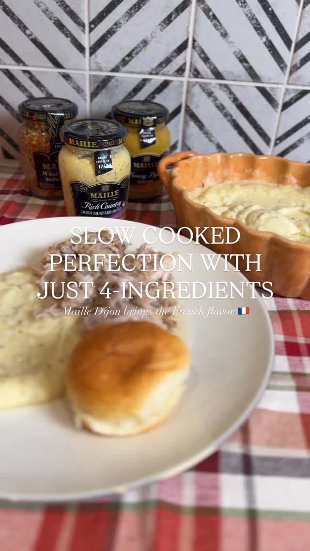 Instagram post by @recipeswithjenna for La Maison Maille. Caption reads: Crockpot Apple Cider Braised Pork 🍎 This might be....