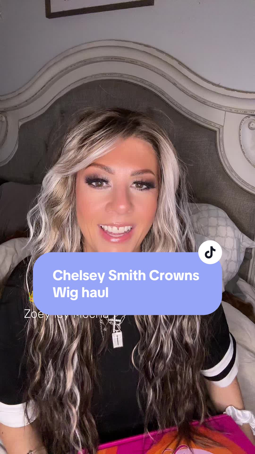 TikTok post by @beautyandcrownsbyapril for Chelsey Smith Cosmetics. Caption reads: Wig haul from @Chelsey Smith Crowns from wig show....
