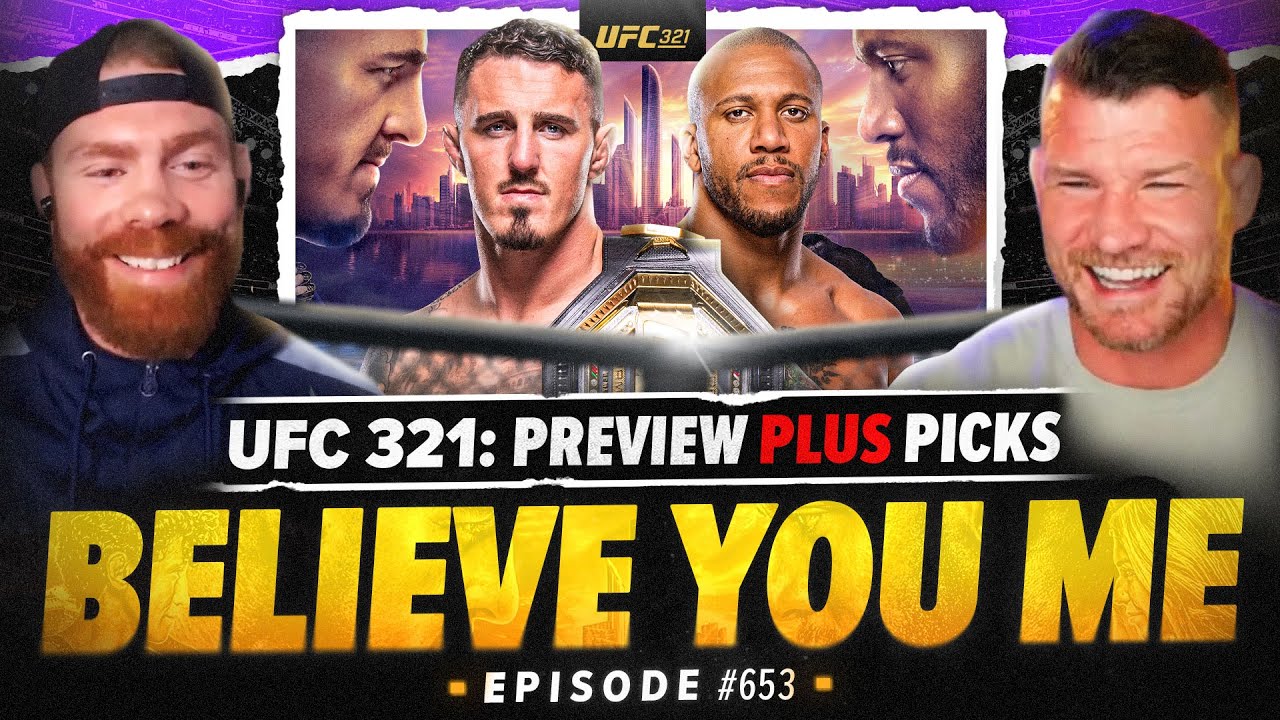 YouTube post by @bispingpodcast for Sheath Underwear. Caption reads: BELIEVE YOU ME Podcast: 653: UFC 321 Aspinall Vs....