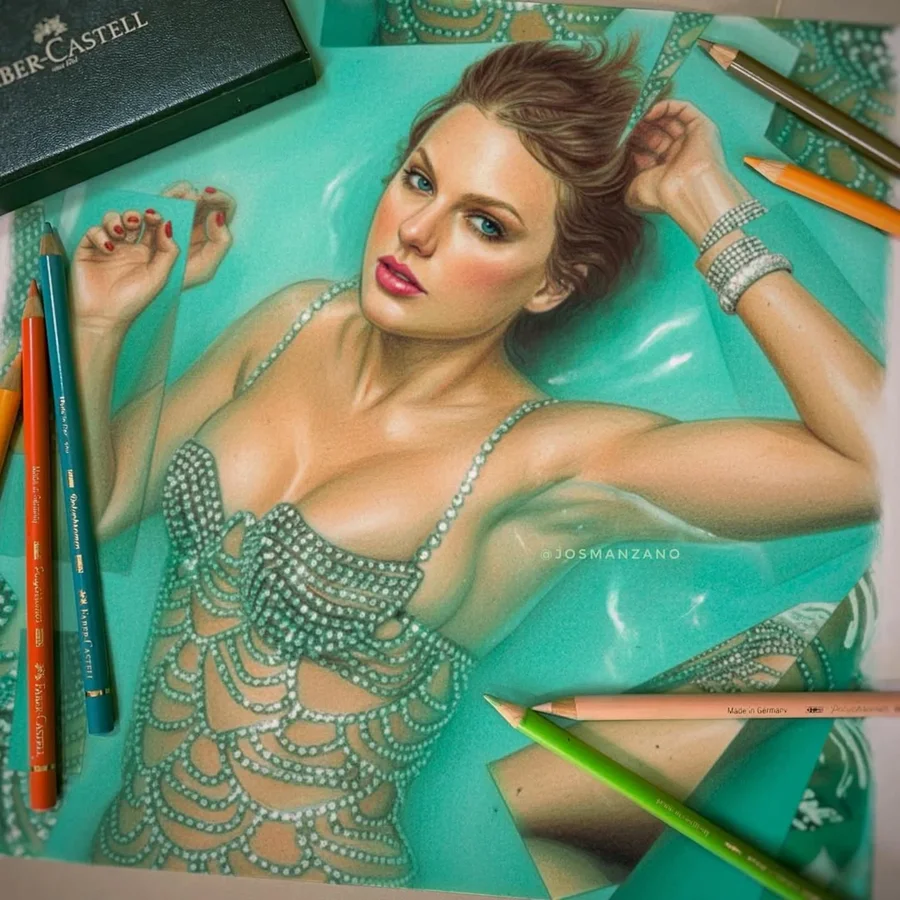 Instagram post by @josmanzano for Faber-Castell. Caption reads: [...] Life of a Showgirl.” Rendered using....