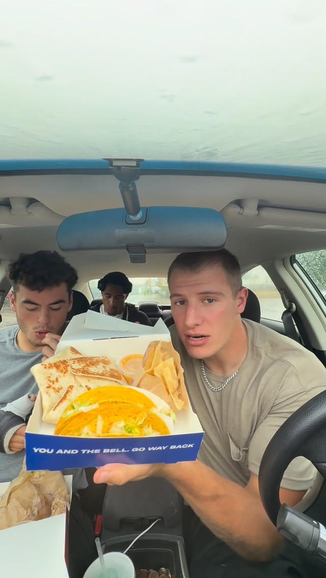 Instagram post by @finneashogan for Taco Bell. Caption reads: Trying to save money this semester? Then the....